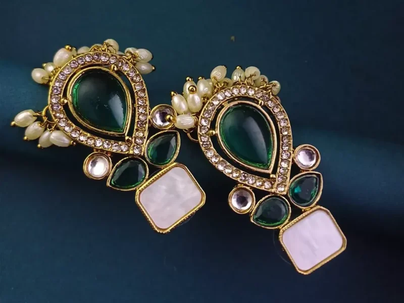 LALEEZ Fashion Jewellery Pine Green Kundan Teardrop Earrings with Pearl Fringe Detailing | Styalish Earings For Women – 029