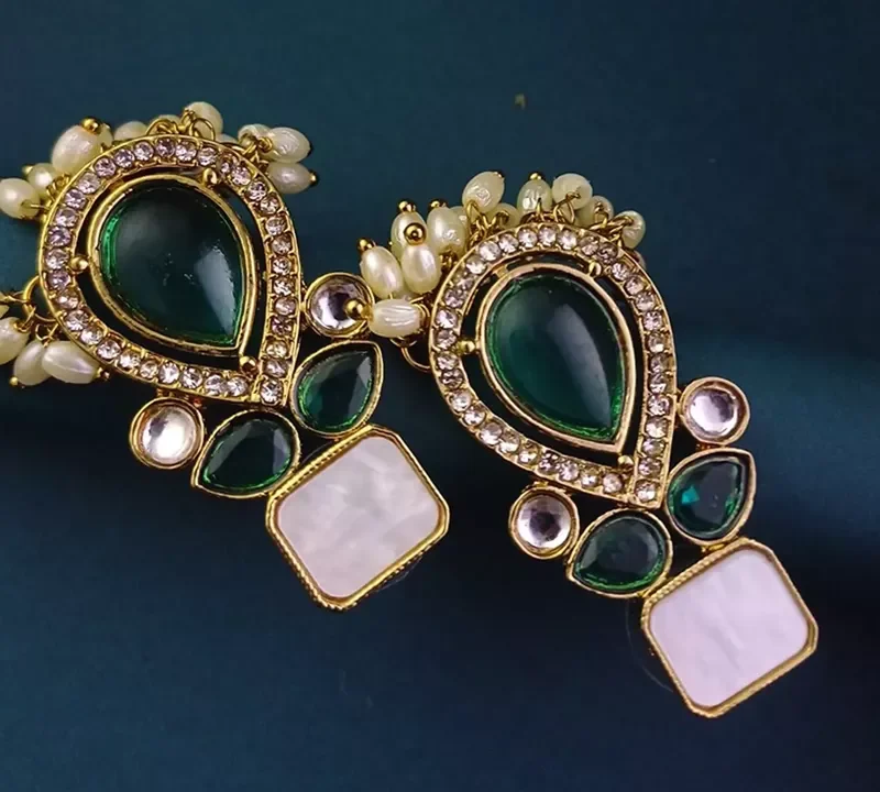 LALEEZ Fashion Jewellery Pine Green Kundan Teardrop Earrings with Pearl Fringe Detailing | Styalish Earings For Women – 029