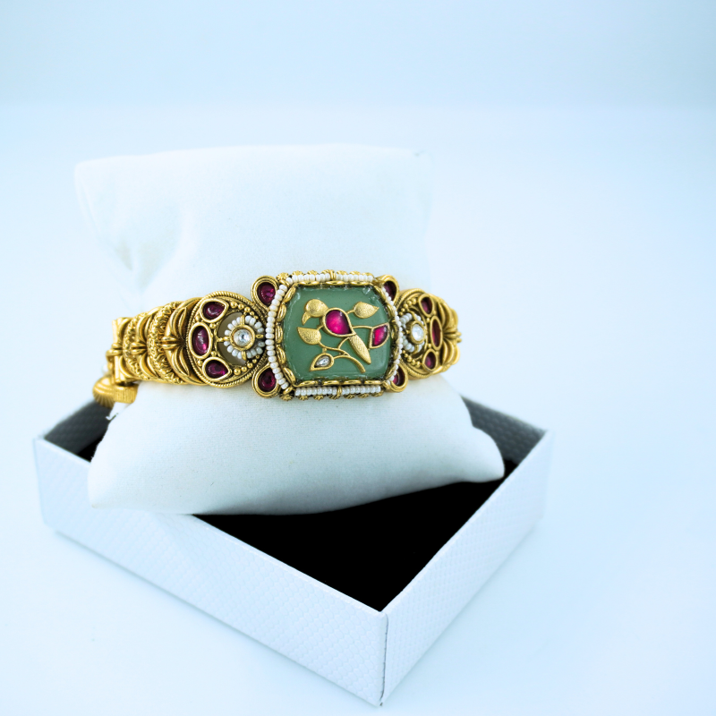 LALEEZ Fashion Jewellery | Antique Gold-Plated Meenakari Floral Emerald-Frame Statement Bracelet | Ideal for Women – 104