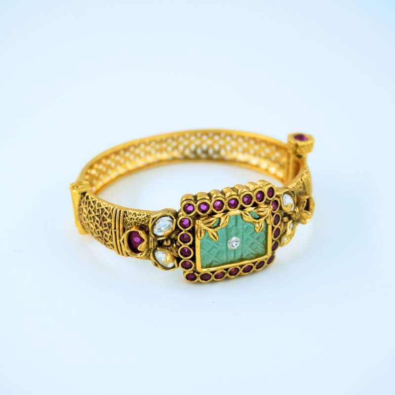LALEEZ Fashion Jewellery | Antique Gold-Plated Ruby-Studded Carved Emerald Frame Heritage Bracelet | Ideal for Women – 108