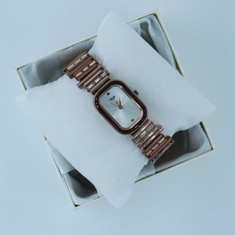 LALEEZ Fashion Watches | Rose Gold White Rectangular Dial Crystal Bracelet Watch | Ideal for Women – 137