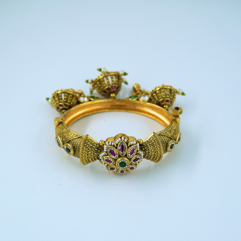 LALEEZ Fashion Jewellery | Antique Gold-Plated Floral Temple Dome Kundan Ruby-Emerald Bracelet | Ideal for Women – 111