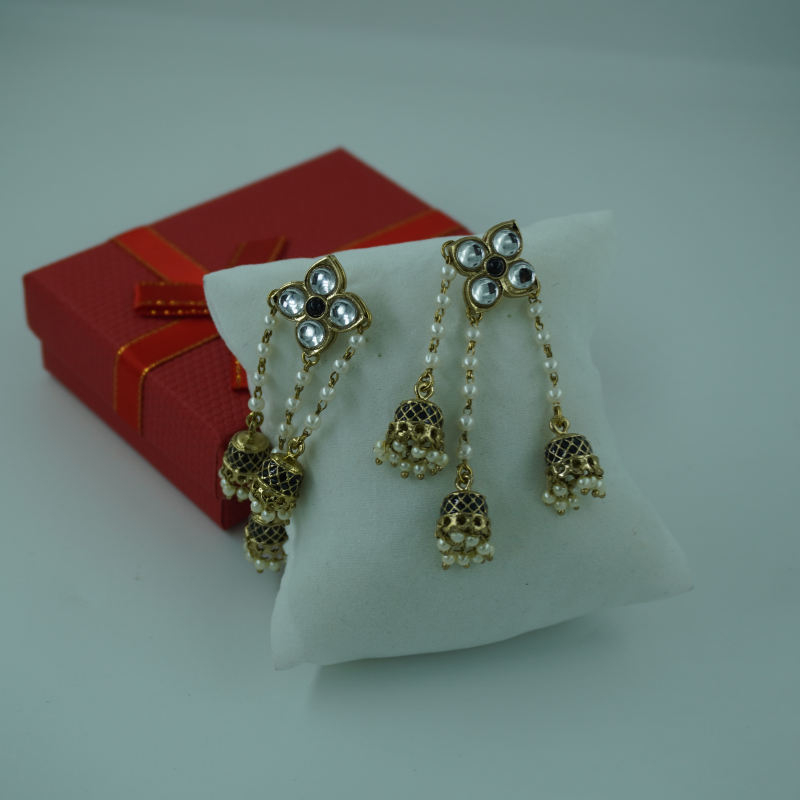 LALEEZ Jhumka Collection | Kundan Floral Triple-Drop Pearl Jhumka Earrings | Ideal for Women – 001