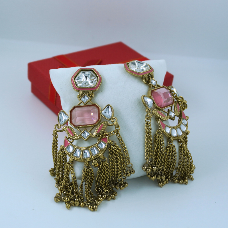 LALEEZ Jumka Collection | Antique Gold Pink Stone Layered Chain Jumka Earrings | Ideal for Women – 004