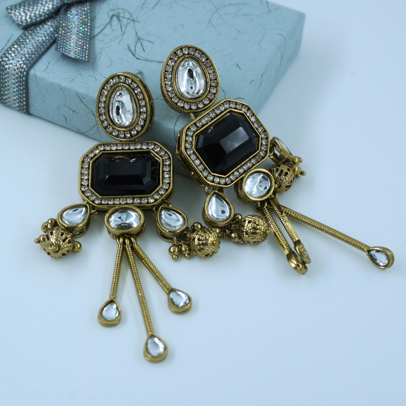 LALEEZ Jumka Collection | Antique Gold Black Crystal Heavy Dangler Jumka Earrings | Ideal for Women – 006