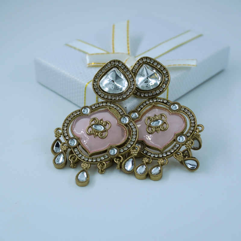 LALEEZ Jumka Collection | Antique Gold Baby Pink Enamel Teardrop Cluster Jumka Earrings | Ideal for Women – 009
