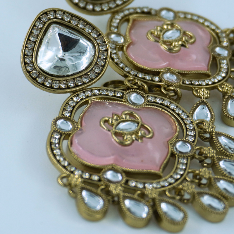 LALEEZ Jumka Collection | Antique Gold Baby Pink Enamel Teardrop Cluster Jumka Earrings | Ideal for Women – 009