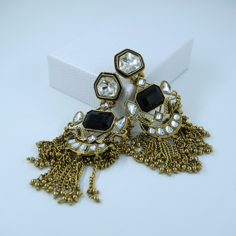 LALEEZ Jumka Collection | Antique Gold Black Kundan Cluster Chain Jumka Earrings | Ideal for Women – 010