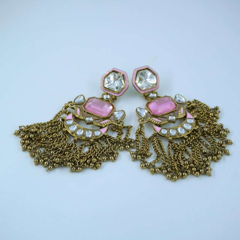 LALEEZ Jumka Collection | Antique Gold Baby Pink Stone Layered Chain Jumka Earrings | Ideal for Women – 013