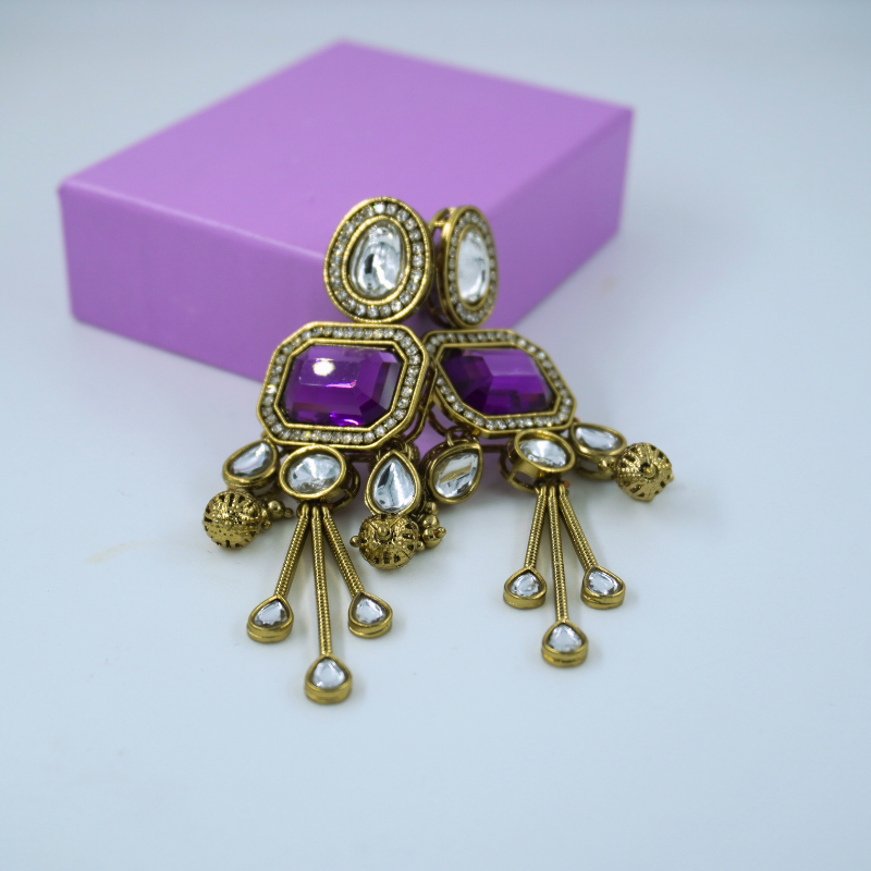 LALEEZ Jumka Collection | Antique Gold Purple Stone Layered Tassel Jumka Earrings | Ideal for Women – 015