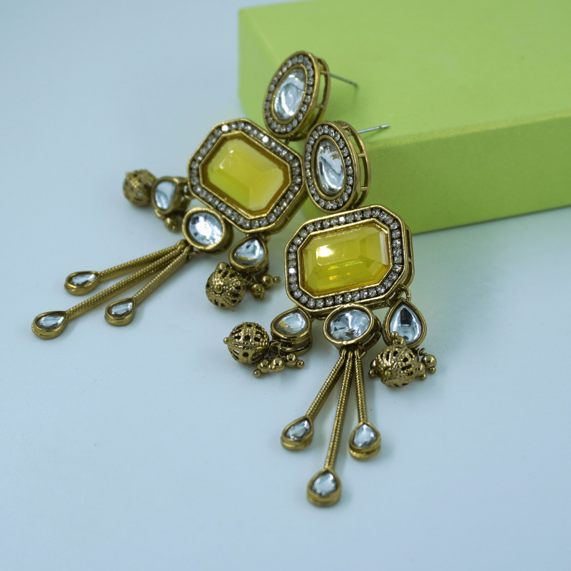 LALEEZ Jumka Collection | Antique Gold Yellow Stone Long Tassel Jumka Earrings | Ideal for Women – 017
