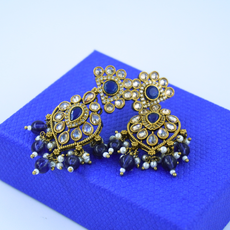 LALEEZ Jumka Collection | Antique Gold Blue Stone Kundan Bead Drop Jumka Earrings | Ideal for Women – 018