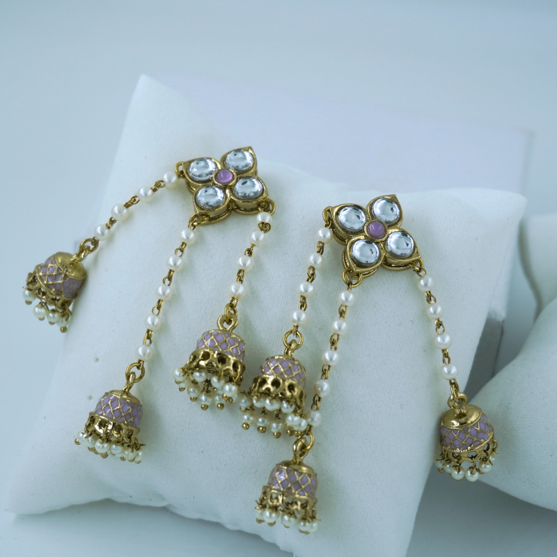 LALEEZ Jumka Collection | Lavender Enamel Pearl Drop Floral Long Jumka Earrings | Ideal for Women – 121