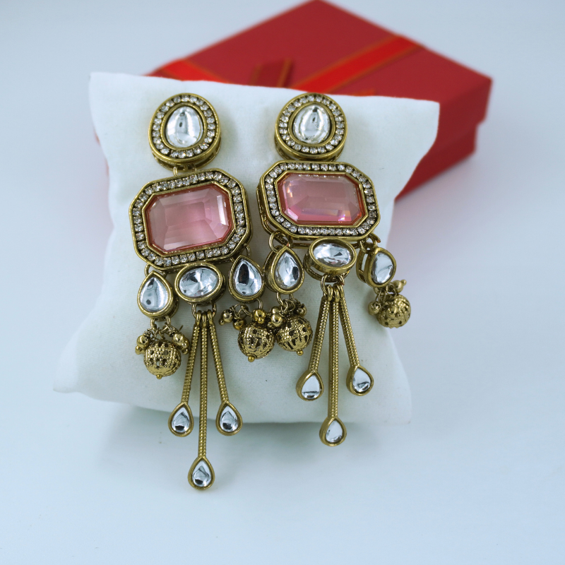 LALEEZ Jumka Collection | Antique Gold Pink Crystal Layered Drop Jumka Earrings | Ideal for Women – 124