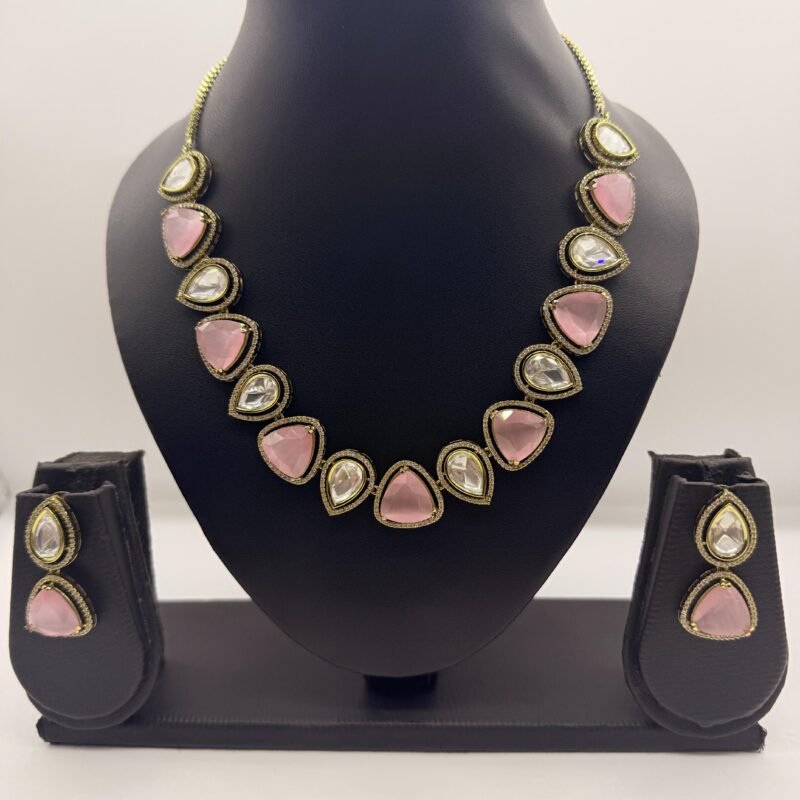 LALEEZ Fashion Jewellery | Rose Gold-Plated Blush Pink & Crystal Teardrop Statement Necklace Set | Ideal for Women – Series 102