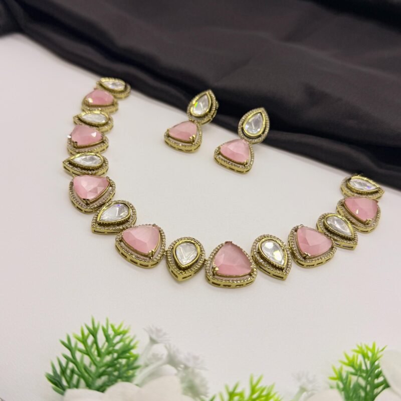 LALEEZ Fashion Jewellery | Gold-Plated Blush Pink & Crystal Teardrop Designer Necklace Set | Ideal for Women – Series 106