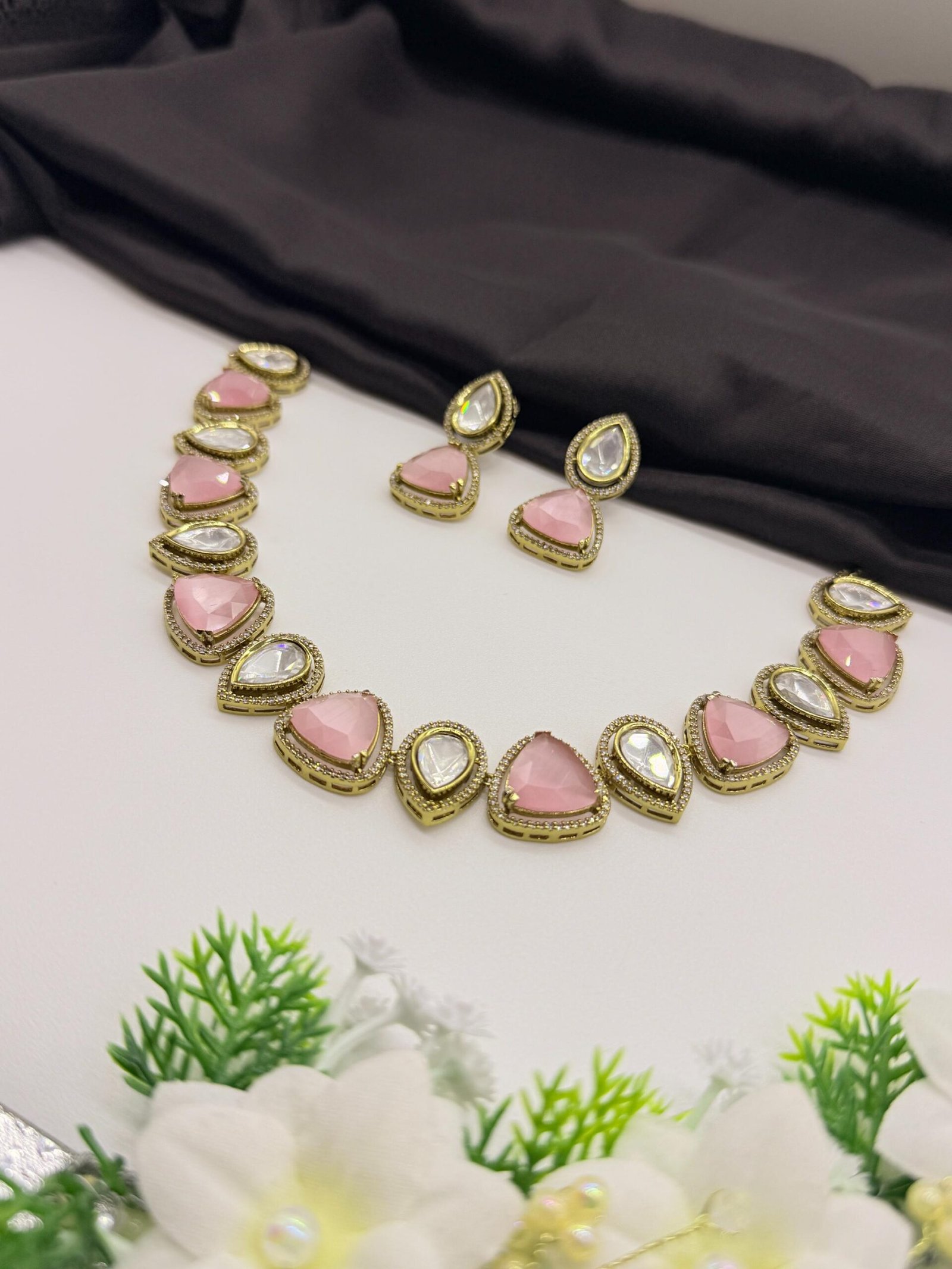 LALEEZ Fashion Jewellery | Gold-Plated Blush Pink & Crystal Teardrop Designer Necklace Set | Ideal for Women – Series 106