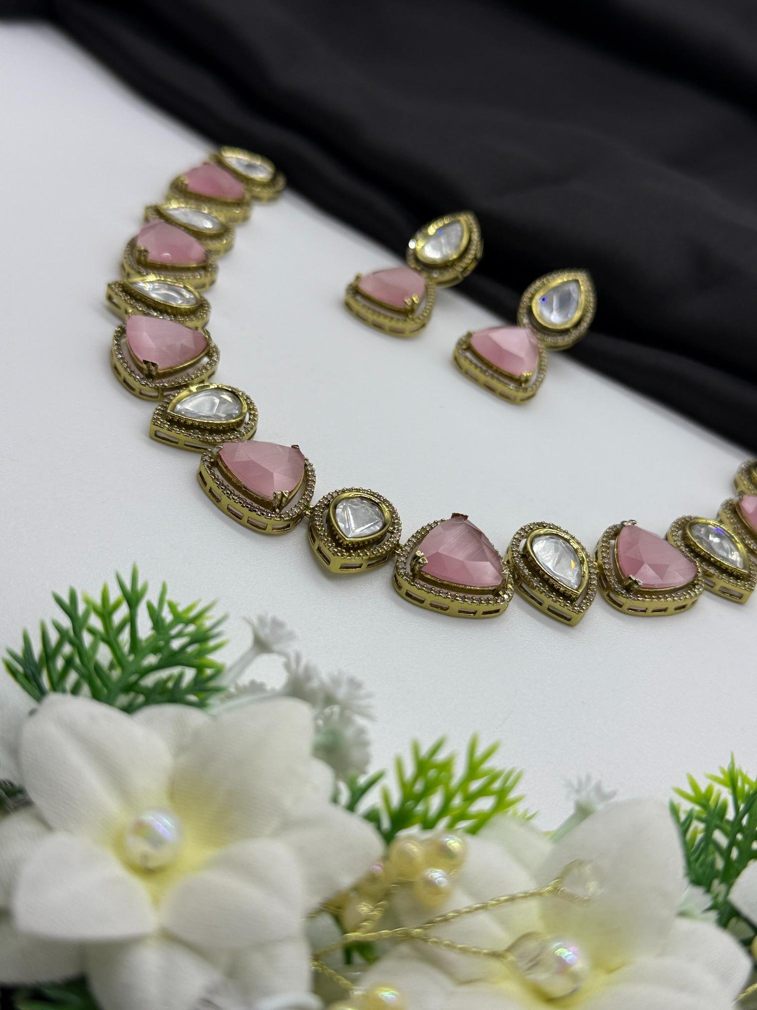 LALEEZ Fashion Jewellery | Gold-Plated Blush Pink & Crystal Teardrop Designer Necklace Set | Ideal for Women – Series 106