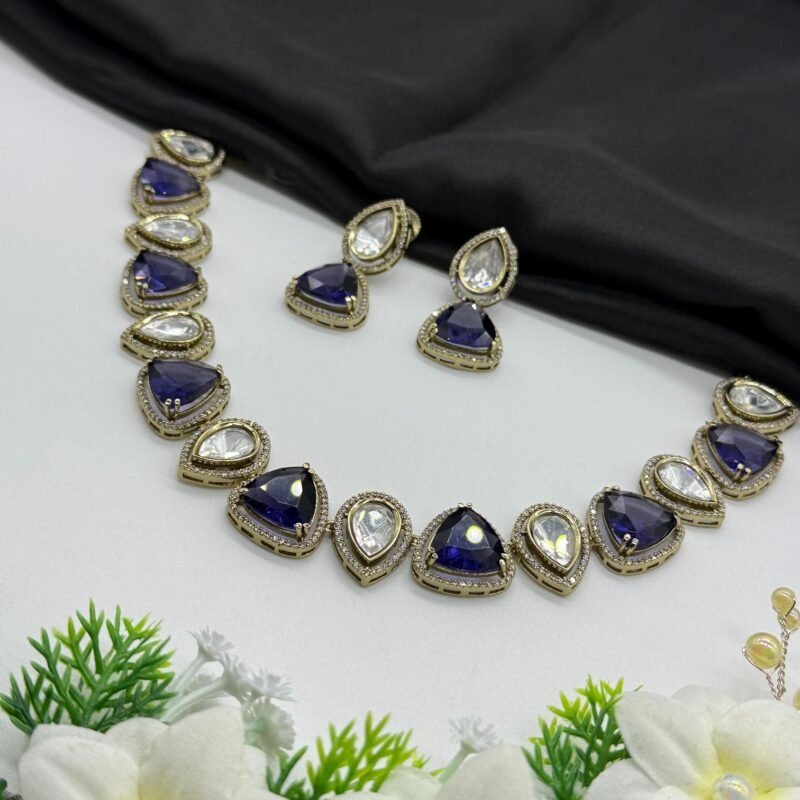 LALEEZ Fashion Jewellery | Gold-Plated Royal Blue & Crystal Teardrop Statement Necklace Set | Ideal for Women – Series 107