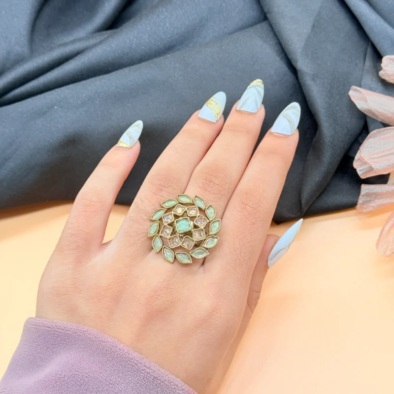 LALEEZ Fashion Jewellery | Gold-Plated Mint Green Floral Kundan Statement Adjustable Ring | Elegant Ethnic Wear for Women - 101