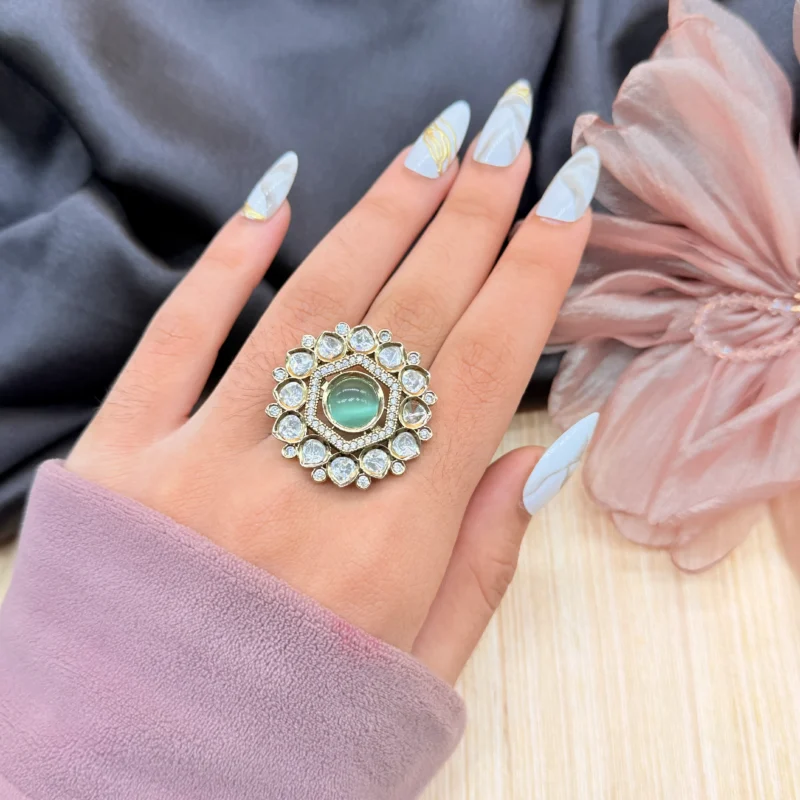 LALEEZ Fashion Jewellery | Gold-Plated Aqua Gem Halo Crystal Designer Cocktail Ring | Ideal for Women - 102