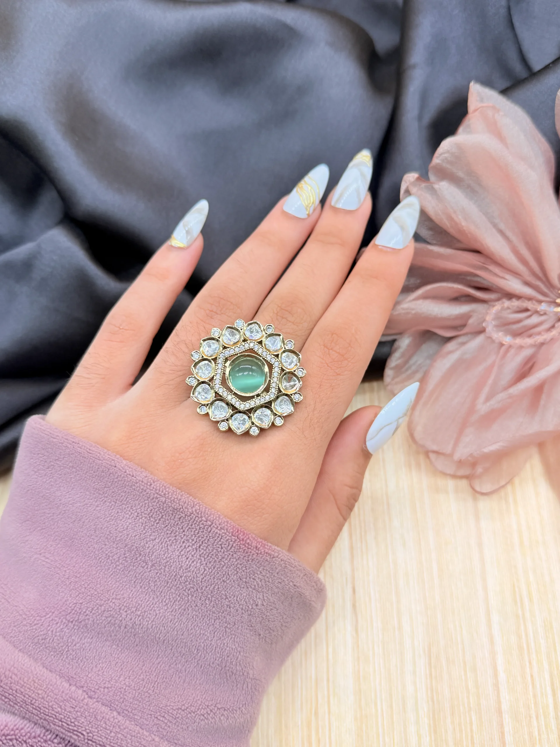 LALEEZ Fashion Jewellery | Gold-Plated Aqua Gem Halo Crystal Designer Cocktail Ring | Ideal for Women - 102