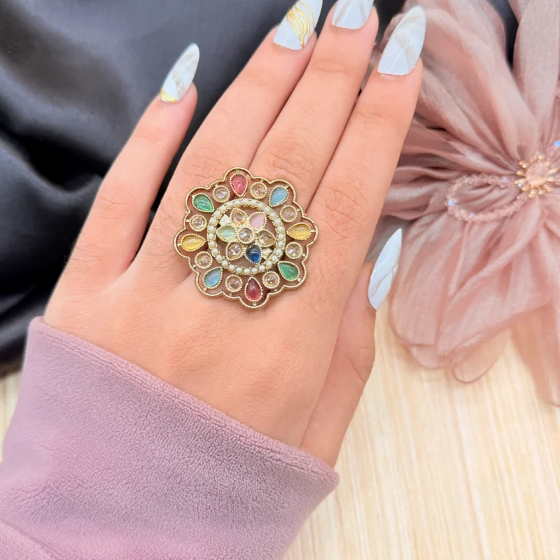 LALEEZ Fashion Jewellery | Gold-Plated Classic Floral Kundan Crystal Statement Ring | Ideal for Women - 107