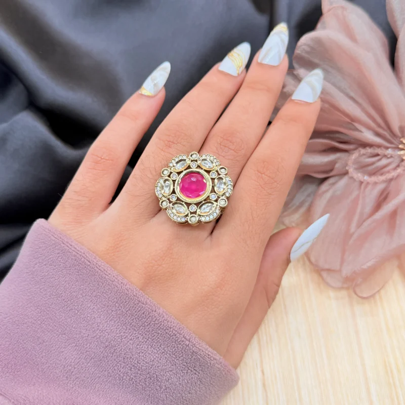 LALEEZ Fashion Jewellery | Gold-Plated Ruby Pink Stone Crystal Halo Statement Ring | Ideal for Women - 108