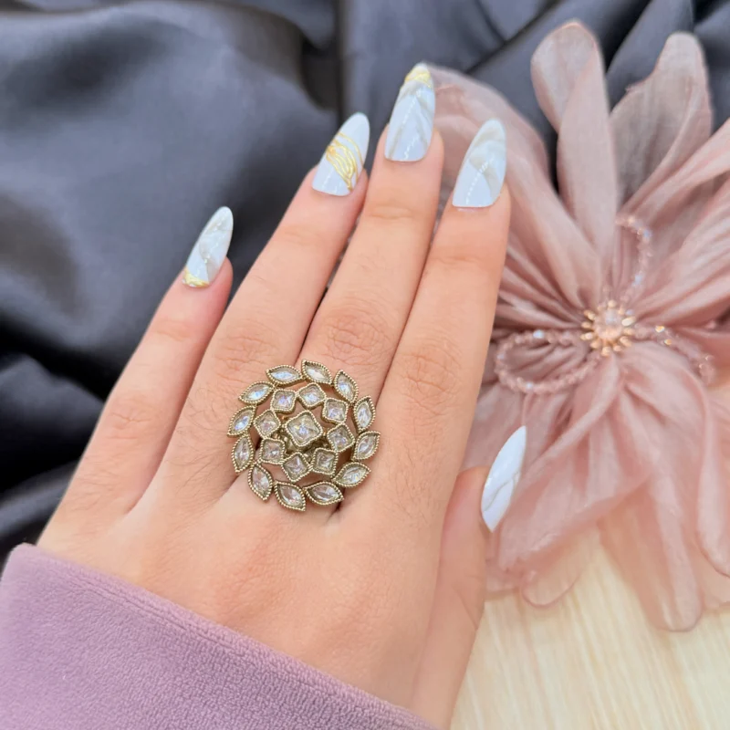 LALEEZ Fashion Jewellery | Gold-Plated Leaf Motif Kundan Floral Statement Ring | Perfect for Women - 110