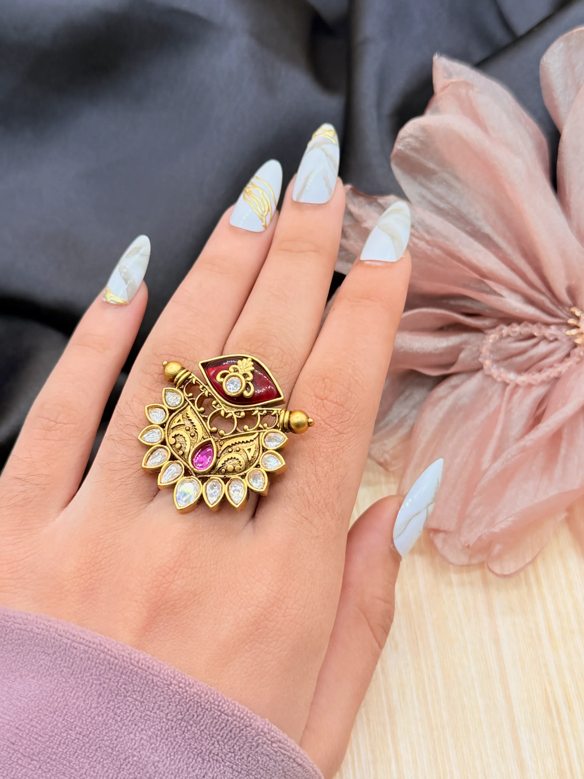 LALEEZ Fashion Jewellery | Gold-Plated Antique Kundan Peacock Motif Statement Ring with Red Enamel & Crystal Detailing | Perfect for Festive & Wedding Wear for Women - 116