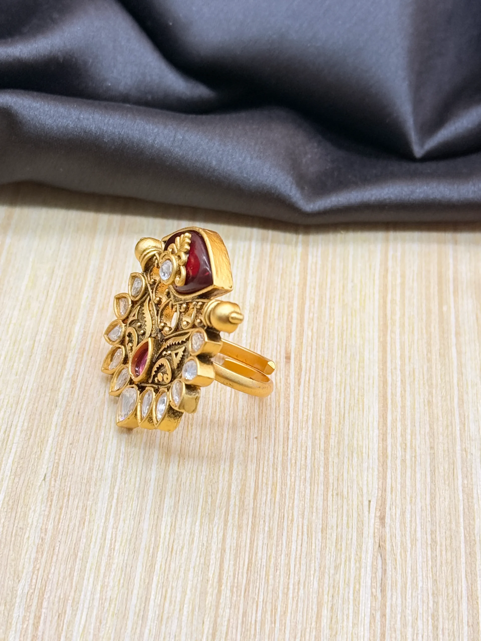 LALEEZ Fashion Jewellery | Gold-Plated Antique Kundan Peacock Motif Statement Ring with Red Enamel & Crystal Detailing | Perfect for Festive & Wedding Wear for Women - 116