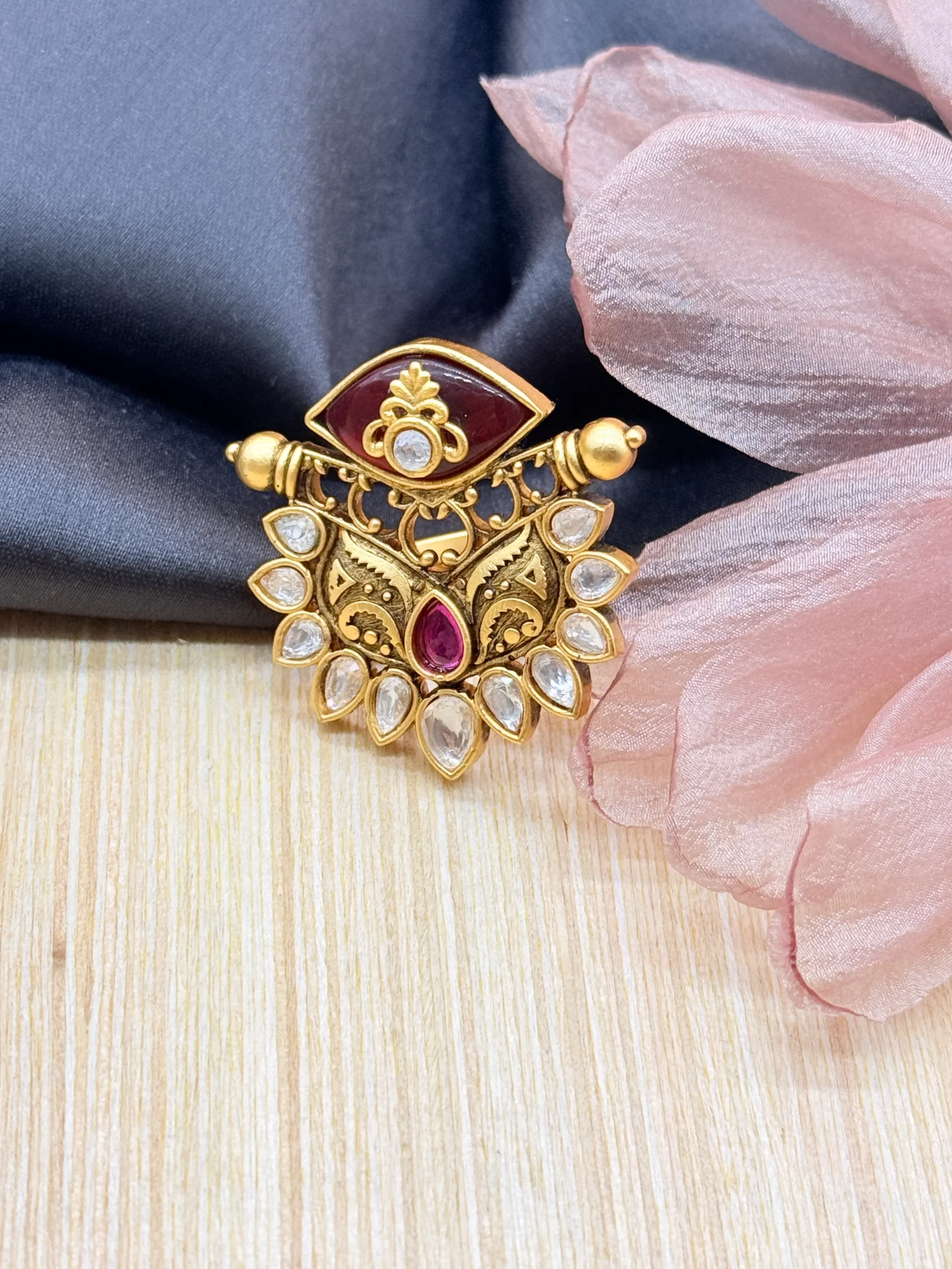 LALEEZ Fashion Jewellery | Gold-Plated Antique Kundan Peacock Motif Statement Ring with Red Enamel & Crystal Detailing | Perfect for Festive & Wedding Wear for Women - 116