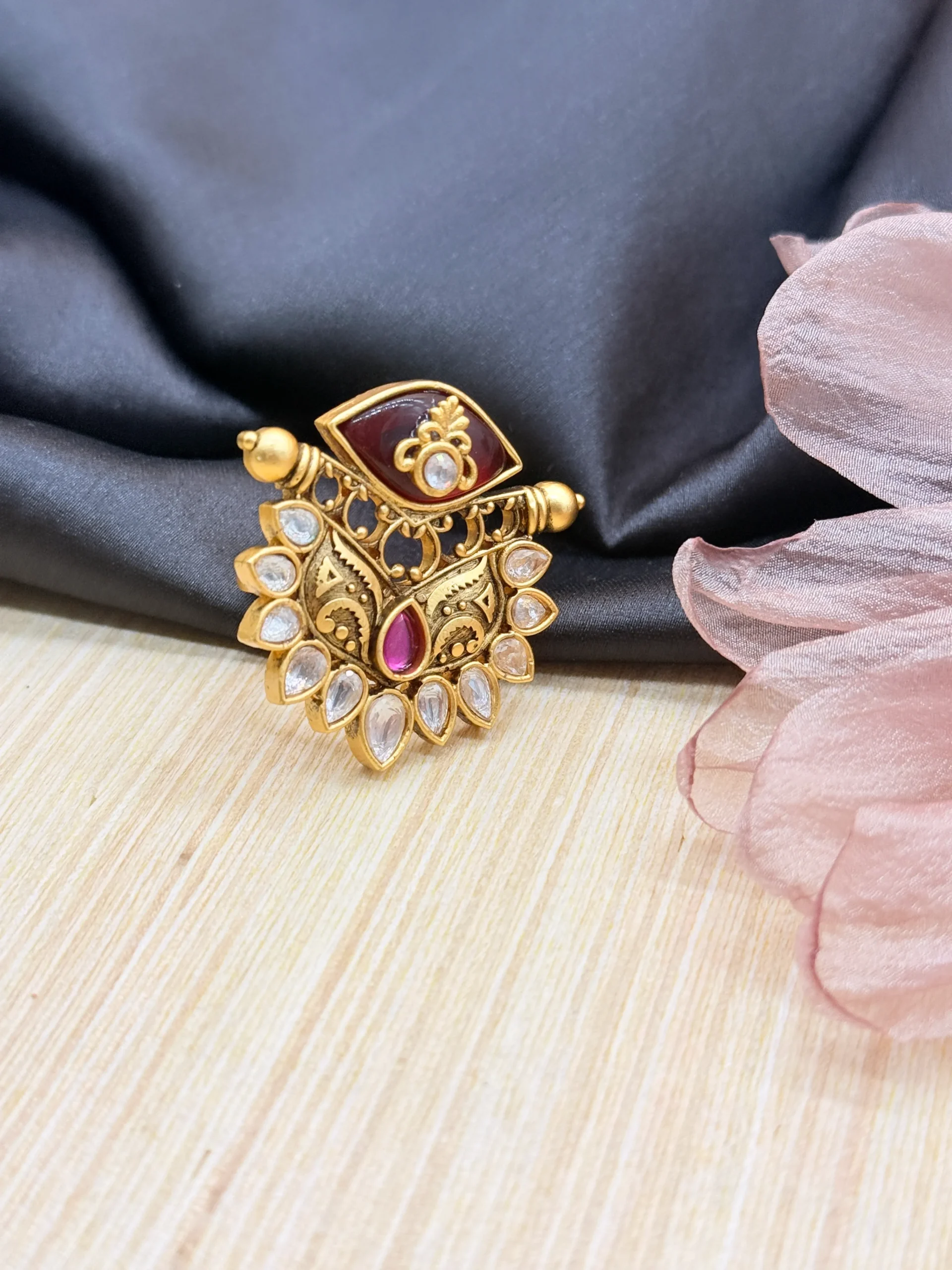 LALEEZ Fashion Jewellery | Gold-Plated Antique Kundan Peacock Motif Statement Ring with Red Enamel & Crystal Detailing | Perfect for Festive & Wedding Wear for Women - 116