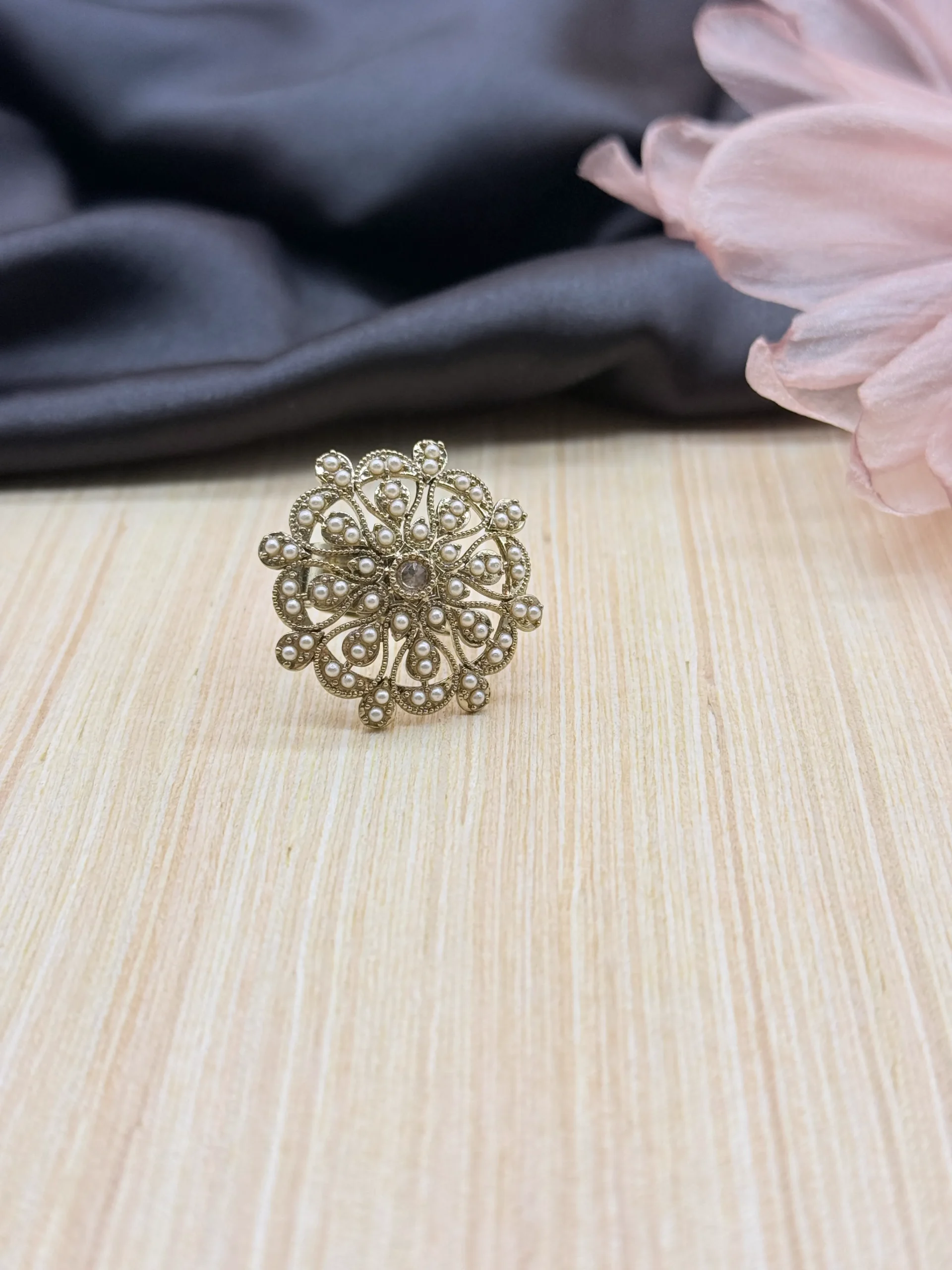 LALEEZ Fashion Jewellery | Gold-Plated Antique Pearl Floral Filigree Statement Ring | Elegant for Women - 109