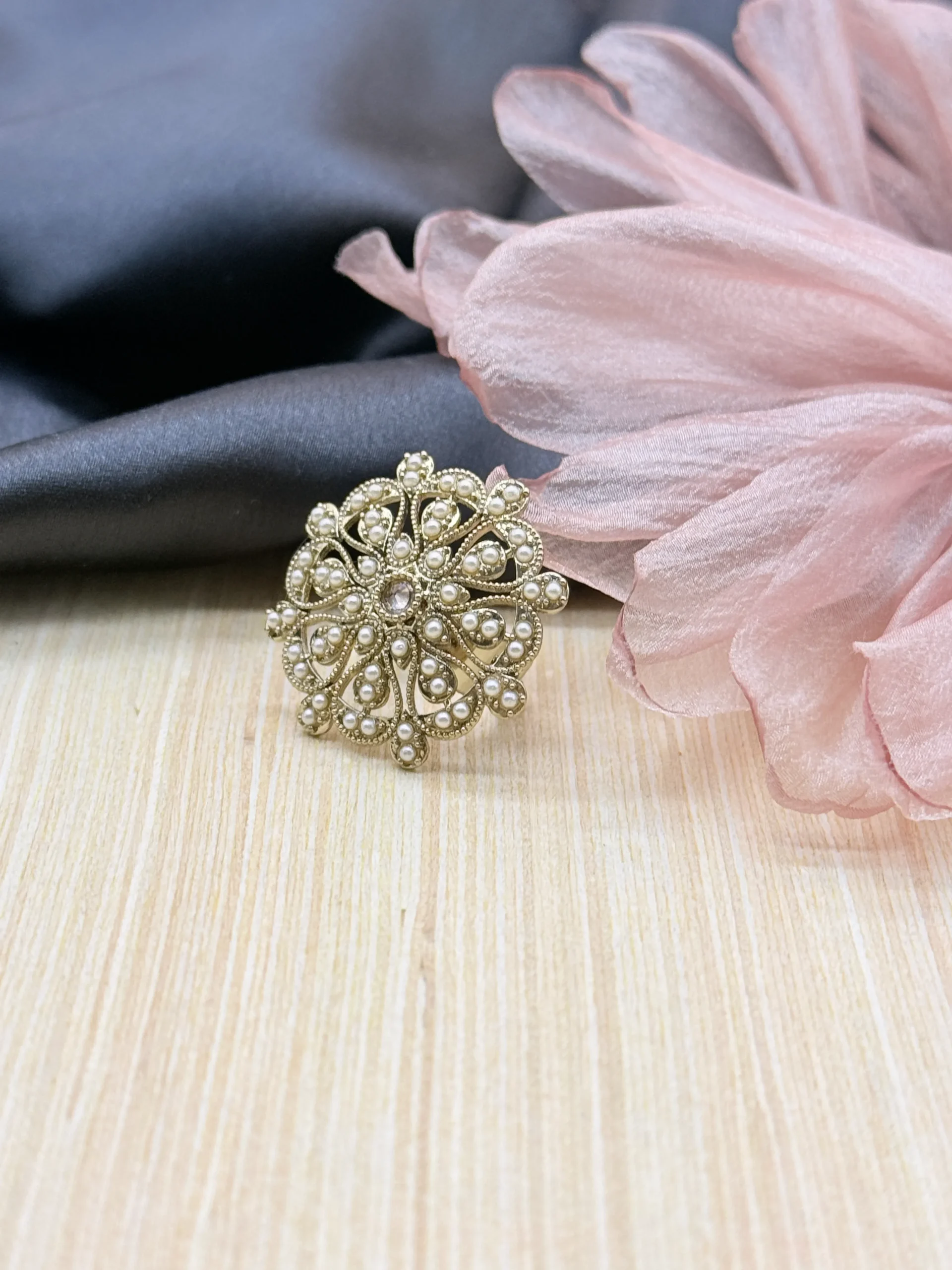 LALEEZ Fashion Jewellery | Gold-Plated Antique Pearl Floral Filigree Statement Ring | Elegant for Women - 109