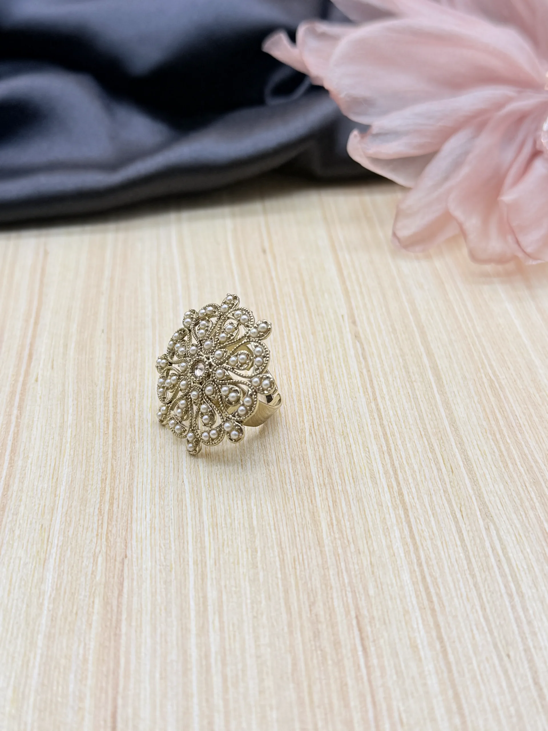LALEEZ Fashion Jewellery | Gold-Plated Antique Pearl Floral Filigree Statement Ring | Elegant for Women - 109