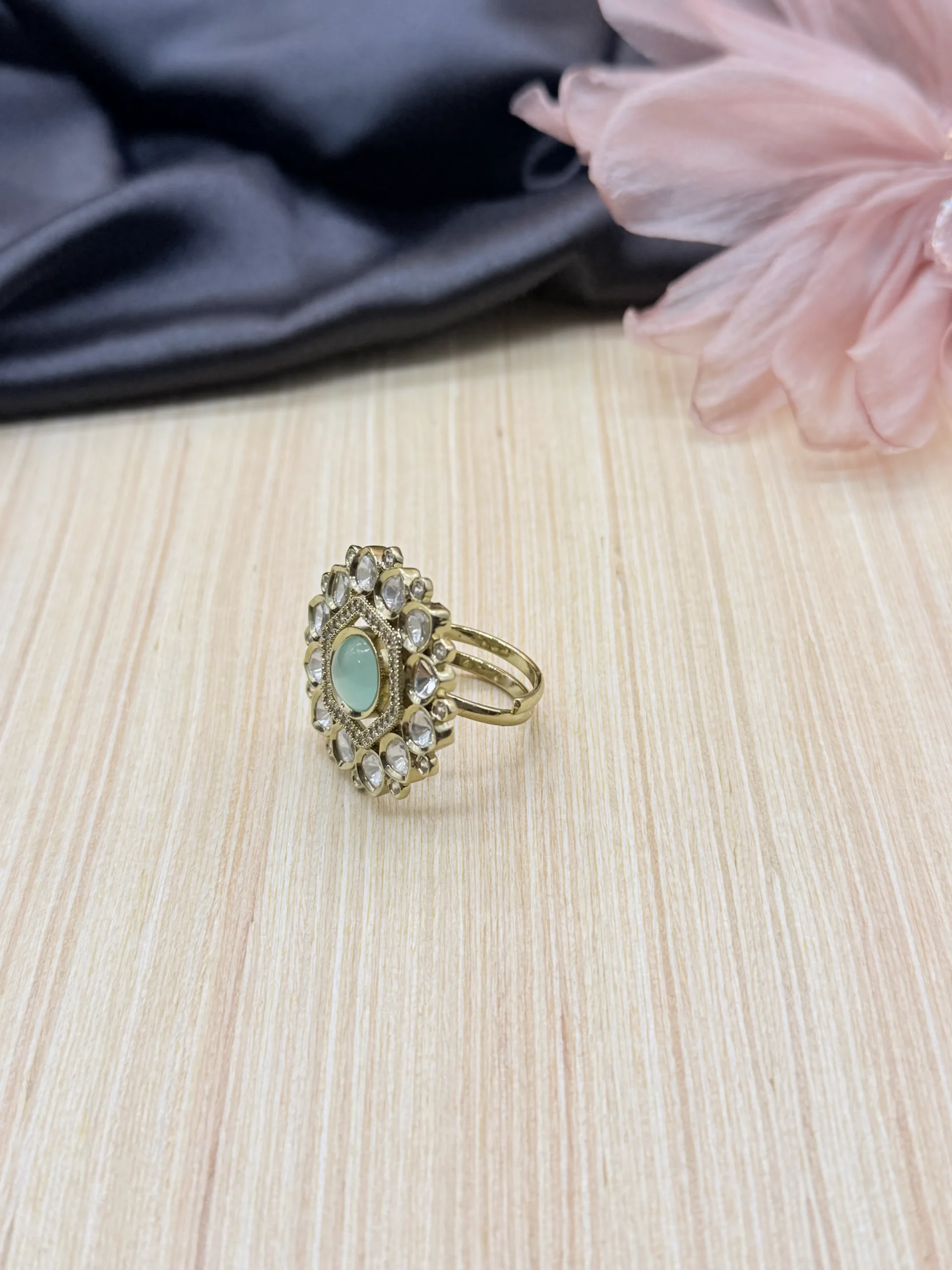 LALEEZ Fashion Jewellery | Gold-Plated Aqua Gem Halo Crystal Designer Cocktail Ring | Ideal for Women - 102