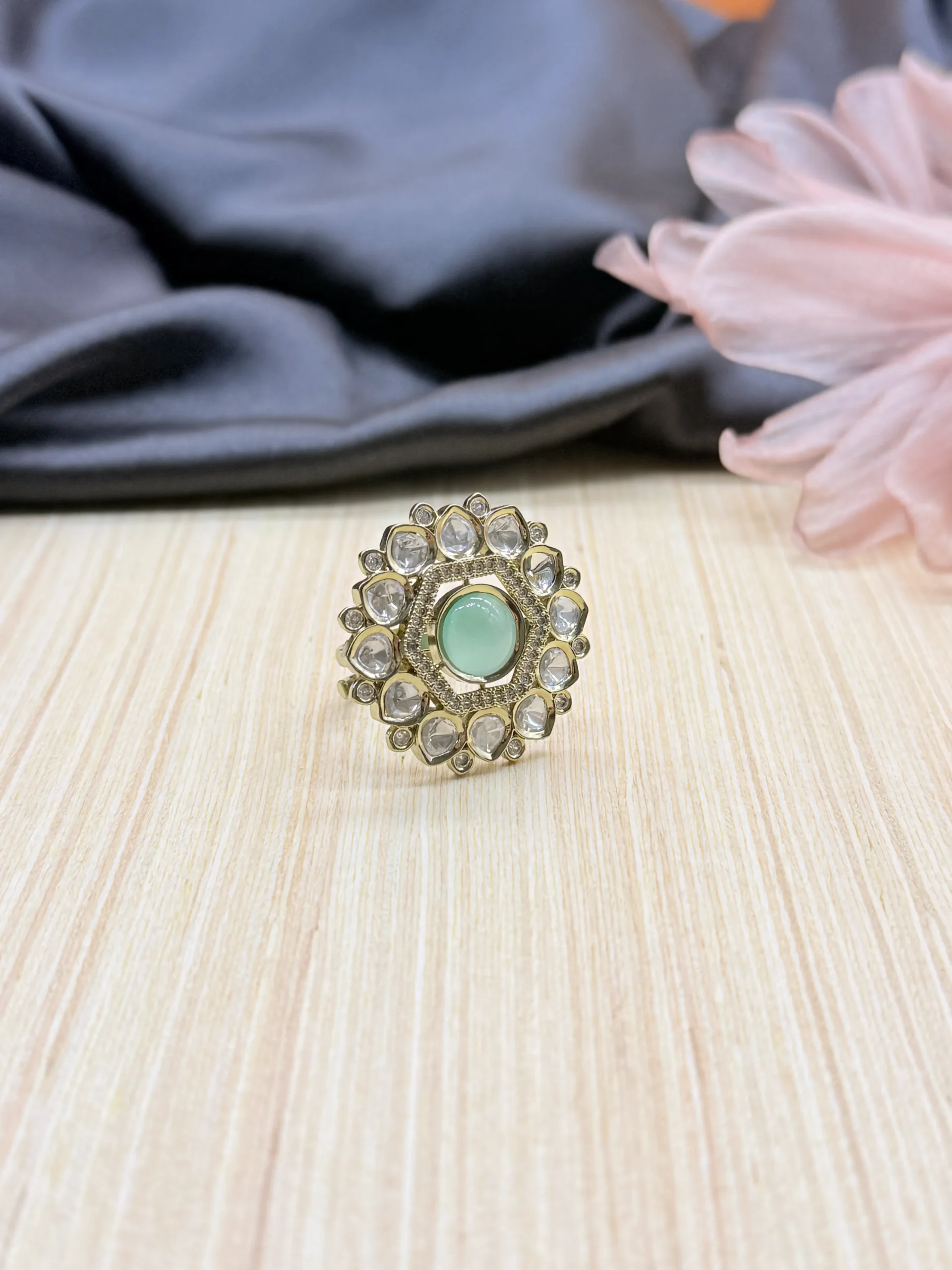 LALEEZ Fashion Jewellery | Gold-Plated Aqua Gem Halo Crystal Designer Cocktail Ring | Ideal for Women - 102