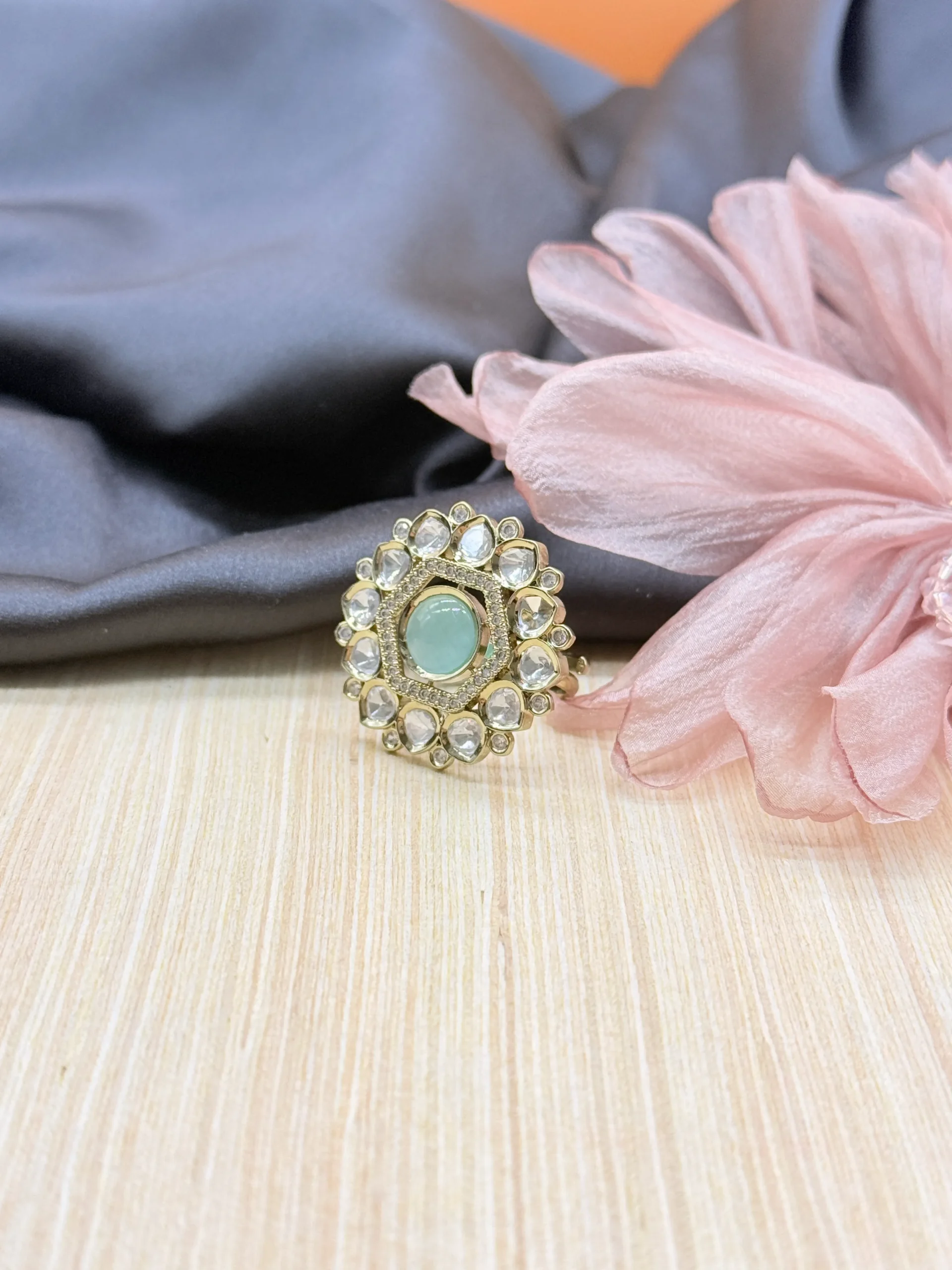 LALEEZ Fashion Jewellery | Gold-Plated Aqua Gem Halo Crystal Designer Cocktail Ring | Ideal for Women - 102