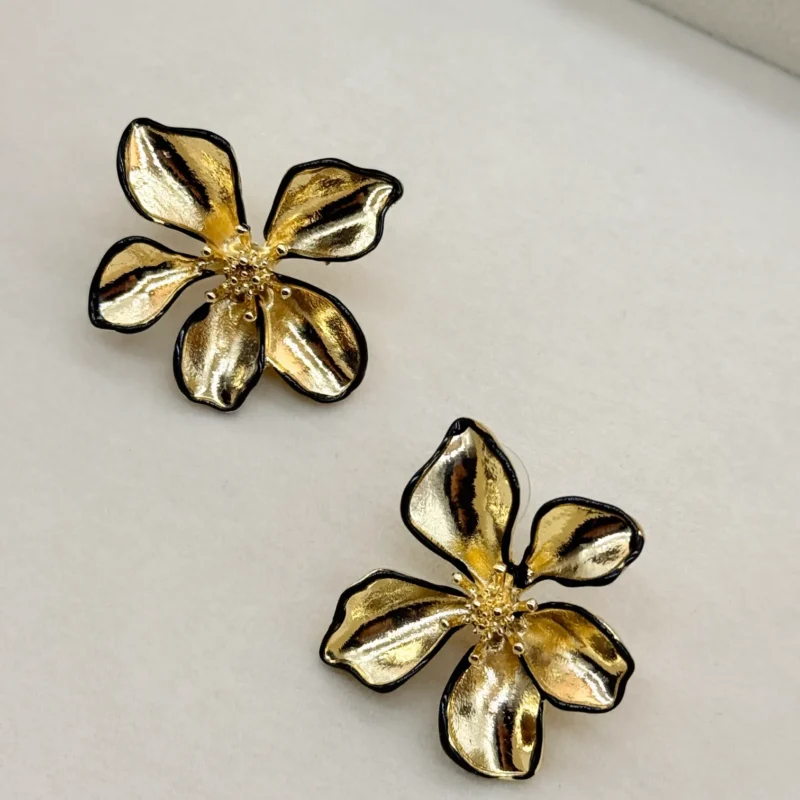LALEEZ Fashion Jewellery | Gold-Plated Black Outline Floral Petal Designer Stud Earrings | Ideal for Women - 102