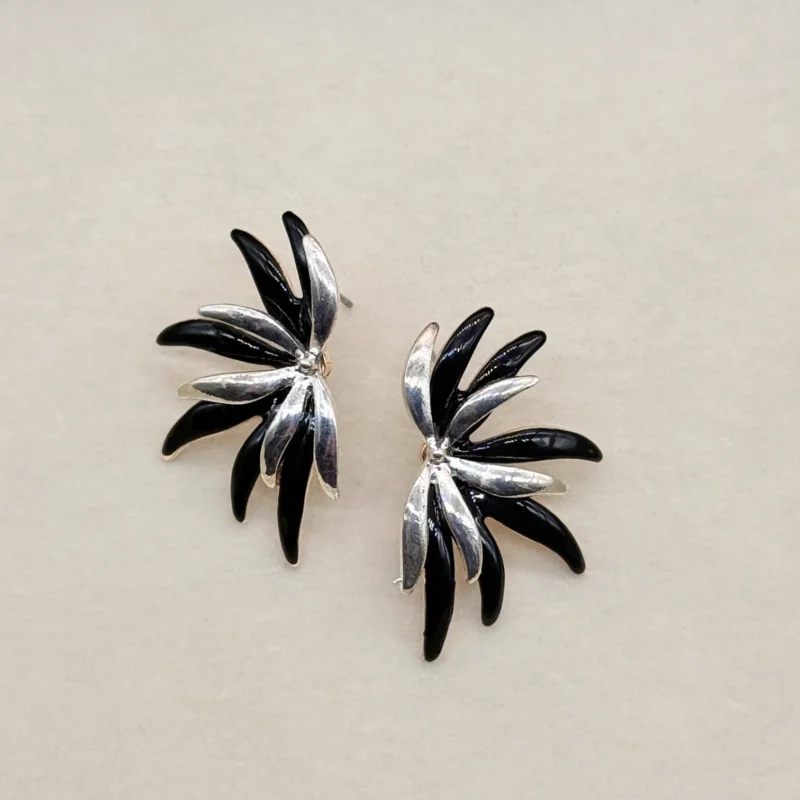 LALEEZ Fashion Jewellery | Silver-Tone Black Enamel Leaf Burst Designer Stud Earrings | Ideal for Women - 104