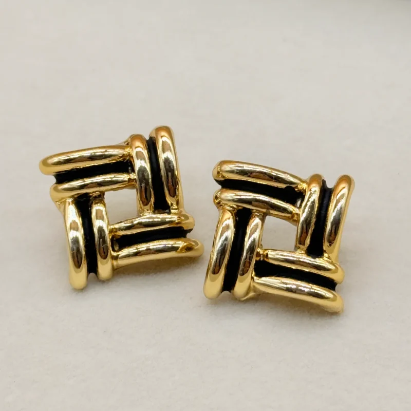 LALEEZ Fashion Jewellery | Gold-Plated Black Enamel Interlock Geometric Designer Stud Earrings | Ideal for Women - 107
