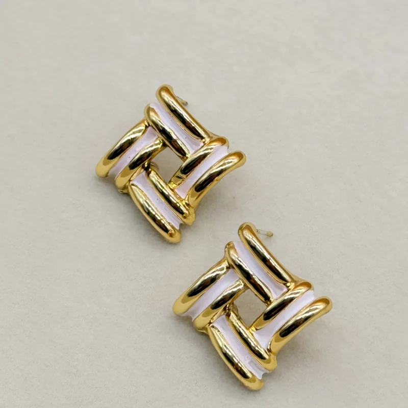 LALEEZ Fashion Jewellery | Gold-Plated White Enamel Interlock Geometric Designer Stud Earrings | Ideal for Women - 108