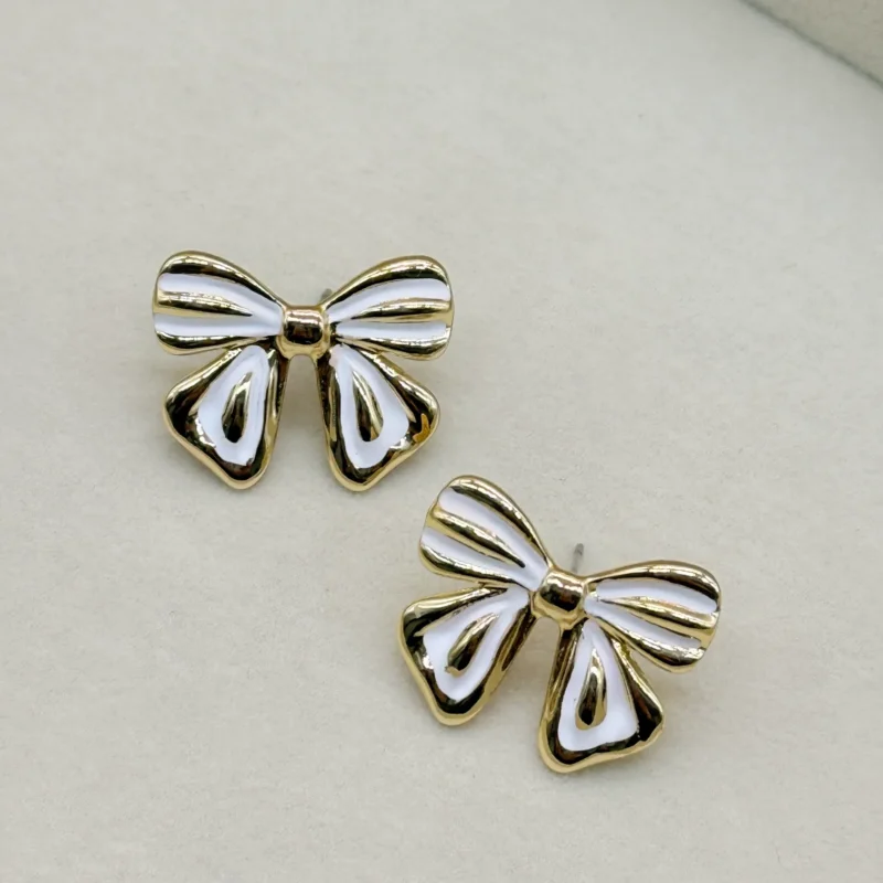 LALEEZ Fashion Jewellery | Gold-Plated White Enamel Bow Accent Stud Earrings | Ideal for Women - 110
