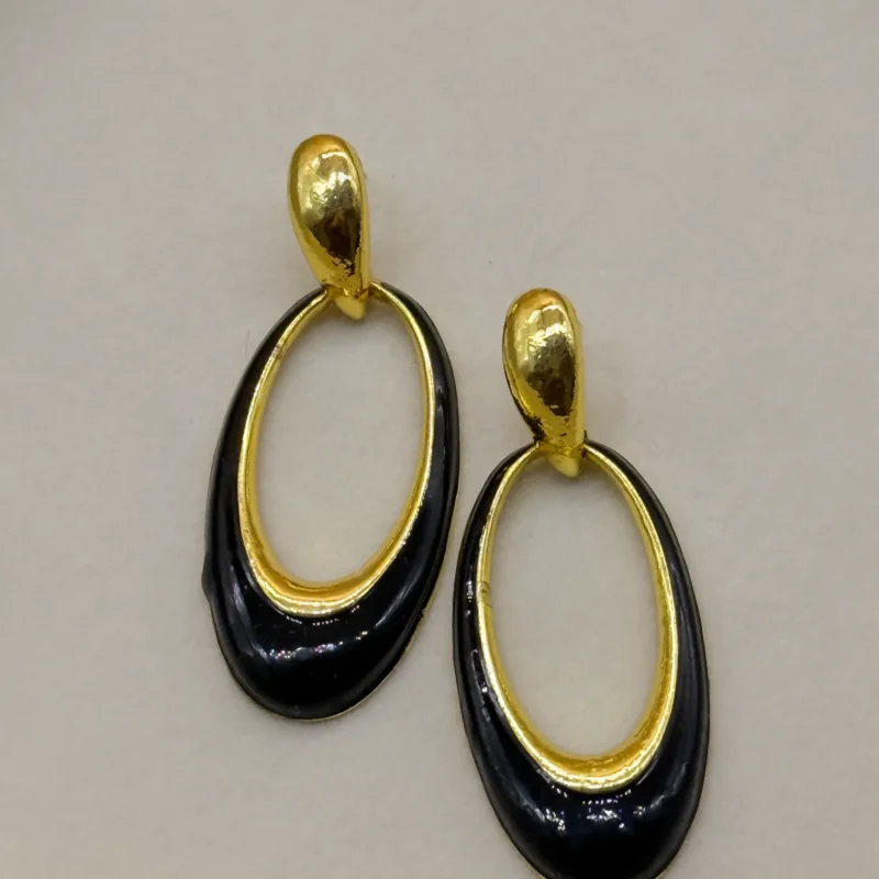 LALEEZ Fashion Jewellery | Gold-Plated Black Enamel Oval Drop Statement Earrings | Ideal for Women - 111