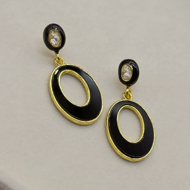 LALEEZ Fashion Jewellery | Gold-Plated Black Enamel Oval Drop Earrings with Crystal Accent | Ideal for Women - 112