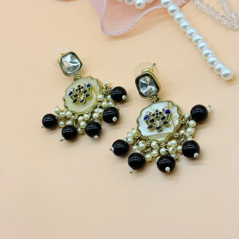LALEEZ Fashion Jewellery | Noir Pearl Lotus Enamel Dangle Earrings | Ideal for Women – 115