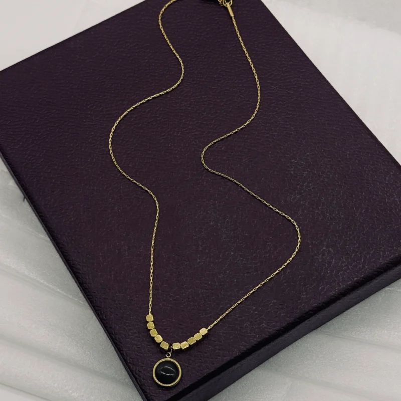 LALEEZ Fashion Jewellery | Gold-Plated Black Round Stone Geometric Bead Pendant Chain | Ideal for Women - 112