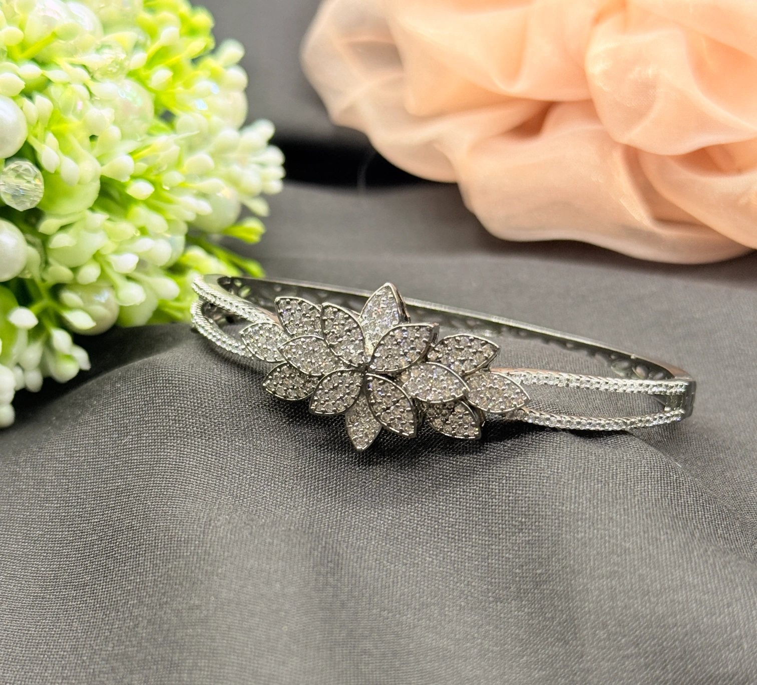 LALEEZ Fashion Jewellery | Silver-Tone Crystal Bloom Floral Twist Bangle Bracelet | Ideal for Women - 122