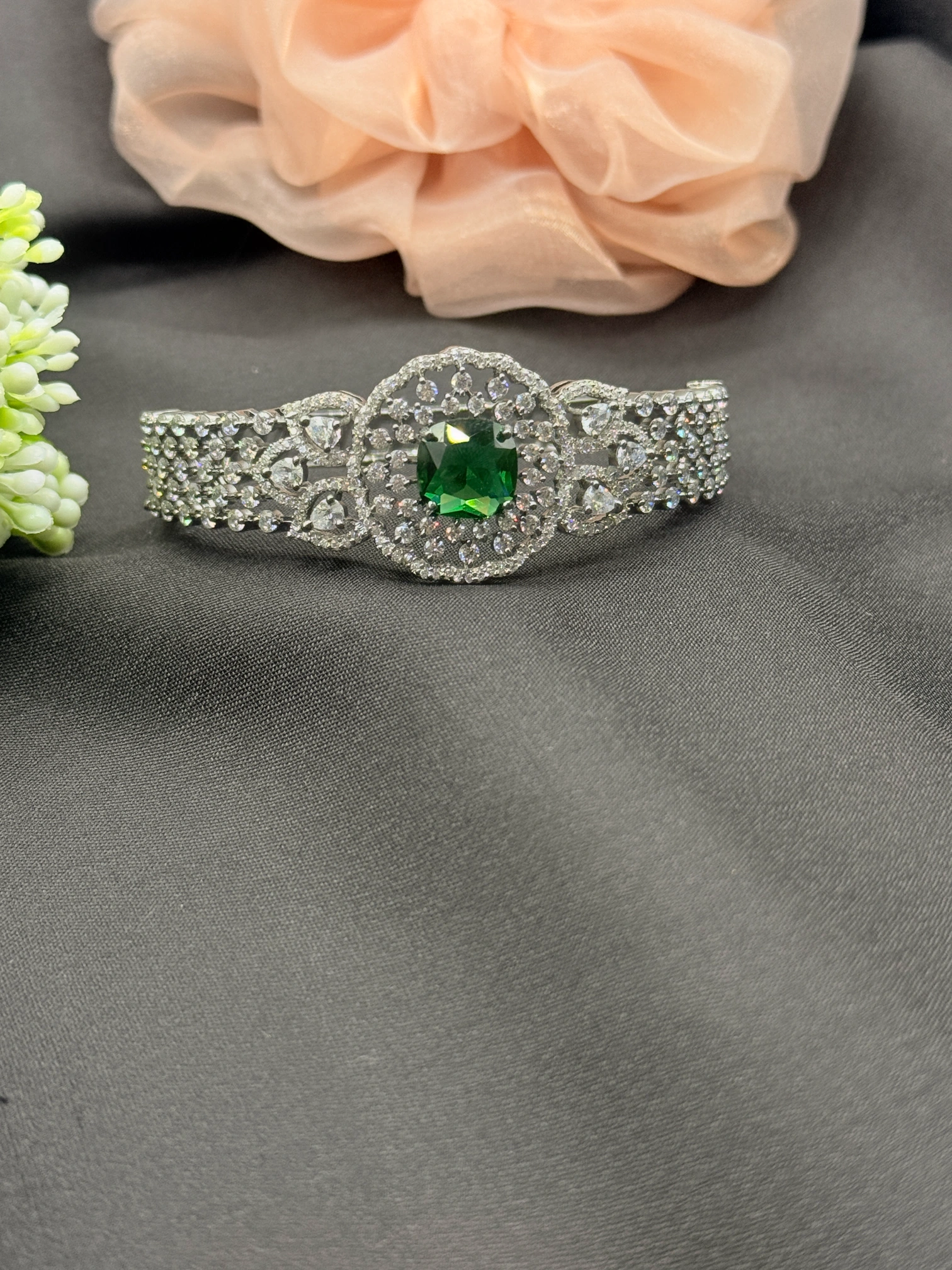 LALEEZ Fashion Jewellery | Silver-Tone Emerald Crystal Vintage Floral Designer Bracelet | Ideal for Women - 125